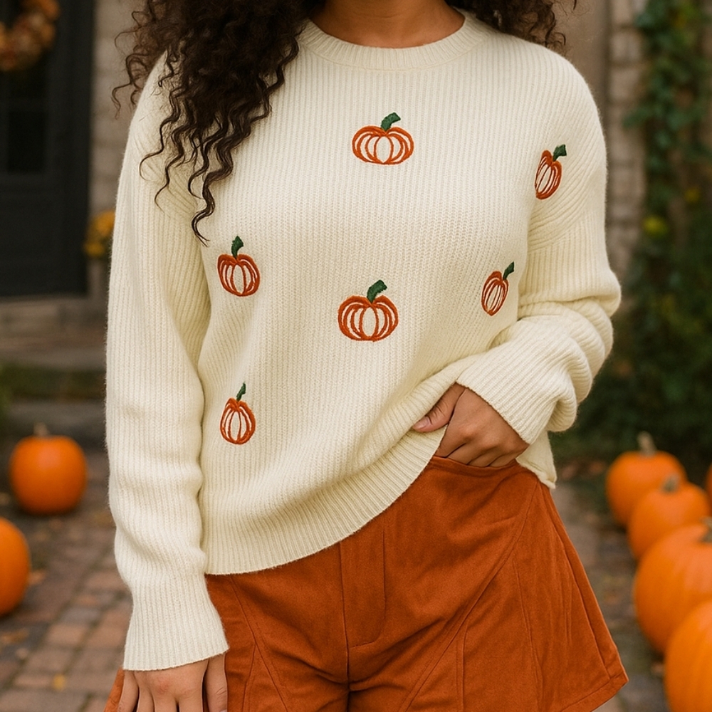 Pumpkin Embroidered Top Round Neck Long Sleeve Sweater Halloween Ribbed Shirt